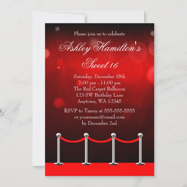 Invitation Tapis d'argent rouge Hollywood Sweet 16 Anniversai (Devant)