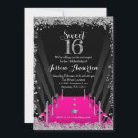 Invitation Tapis Rose Hollywood Paillettes Argentées Sweet 16<br><div class="desc">Cartons d'invitation tendance rose pour Sweet 16 sur le thème Hollywood. Le design présente un tapis rose,  des projecteurs et une bordure de paillettes argentées pour célébrer le passage à Sweet Seize. Les dessins sont des graphiques imprimés à plat - PAS DE VRAIES PAILLETTES.</div>