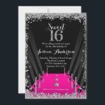Invitation Tapis Rose Hollywood Paillettes Argentées Sweet 16<br><div class="desc">Cartons d'invitation tendance rose pour Sweet 16 sur le thème Hollywood. Le design présente un tapis rose,  des projecteurs et une bordure de paillettes argentées pour célébrer le passage à Sweet Seize. Les dessins sont des graphiques imprimés à plat - PAS DE VRAIES PAILLETTES.</div>