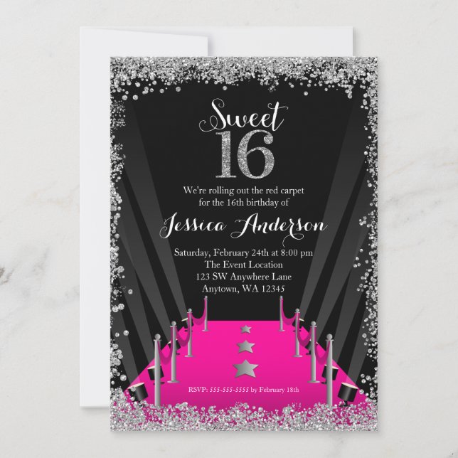 Invitation Tapis rose Hollywood Parties scintillant argent do (Devant)