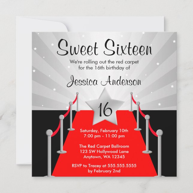 Invitation Tapis rouge Argent Hollywood Sweet 16 Anniversaire (Devant)
