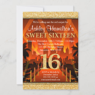 Invitation Tapis Rouge Hollywood City Gold Glitter Sweet 16