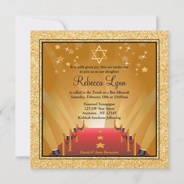Invitation Tapis Rouge Hollywood Étoile d'Or Bat Mitzvah (Devant)