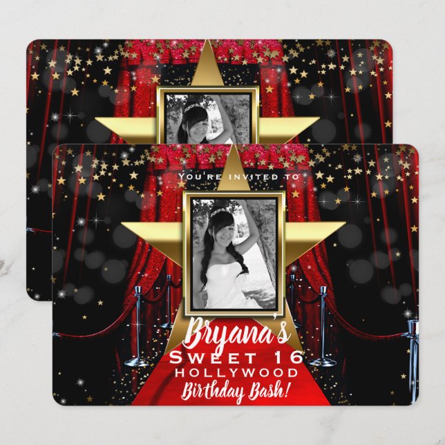 Invitation Tapis Rouge Hollywood Gold Stars Photo Party (Devant / Derrière)