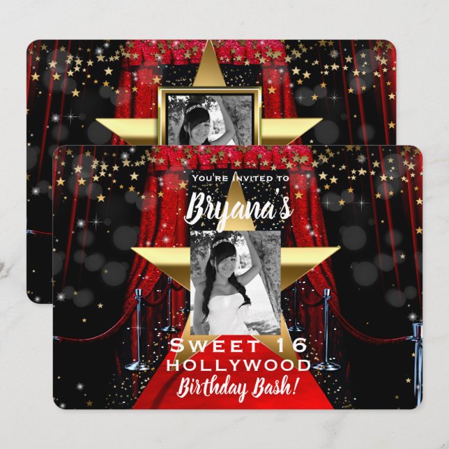 Invitation Tapis Rouge Hollywood Gold Stars Photo Party (Devant / Derrière)