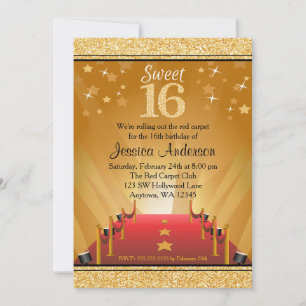 Invitation Tapis rouge Hollywood Star Gold Sweet 16 Anniversa