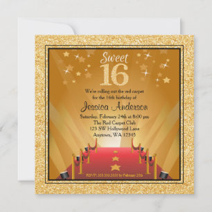 Invitation Tapis rouge Hollywood Star Gold Sweet 16 Anniversa