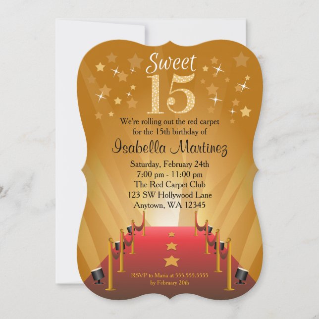 Invitation Tapis rouge Hollywood Star Sweet 15 Anniversaire (Devant)