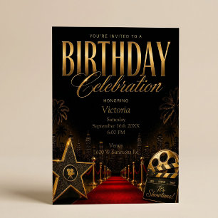 Invitation Tapis Rouge Soirée d'anniversaire Hollywood Noir &