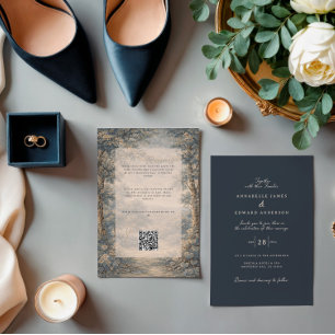 Invitation Tapisserie romantique vintage botanique bleu beige