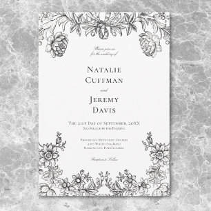 Invitation Tapisserie vintage noir et blanc Mariage Floral