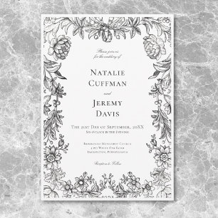 Invitation Tapisserie vintage noir et blanc Mariage Floral