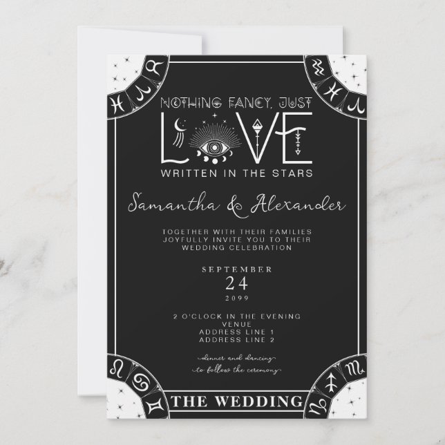 Invitation Tarot Céleste Mariage signe Zodiaque Mal Oeil Noir (Devant)