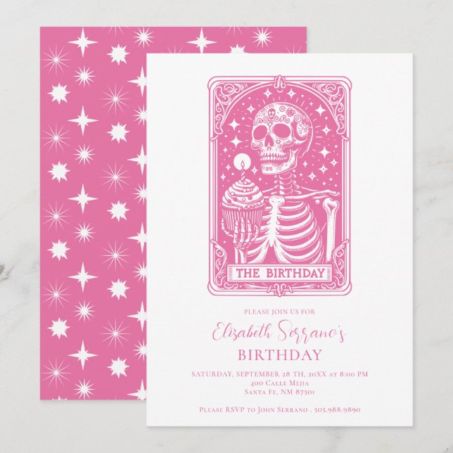 Invitation Tarot Drôle Anniversaire Rose (Devant / Derrière)
