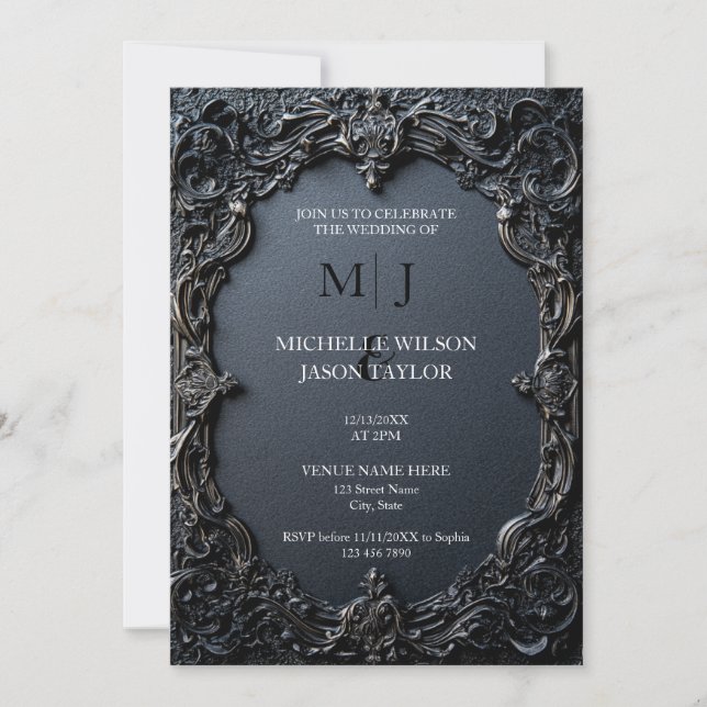 Invitation Tarot Moderne Gothique Monogramme Noir et Or (Devant)