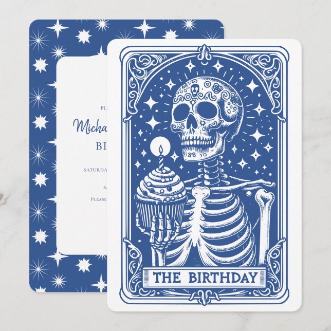 Invitation Tarot Skeleton Blue Birthday (Devant / Derrière)