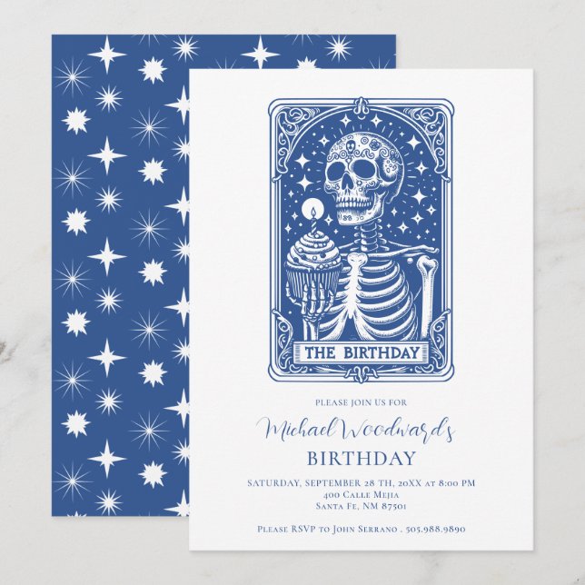Invitation Tarot Skeleton Blue Birthday (Devant / Derrière)