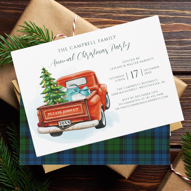 Invitation Tartan de fête de Noël rustique (Plaid Christmas Invitation with Red Truck)