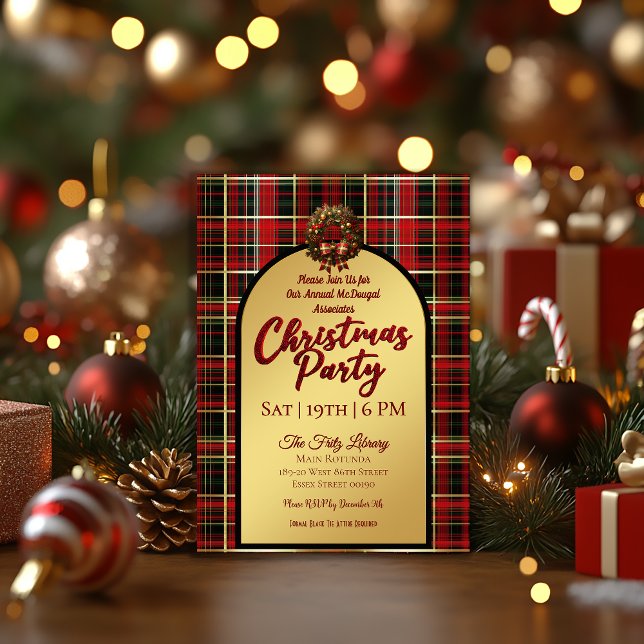 Invitation Tartan de Noël Rouge Classique Fête de Fêtes  (Classic Christmas Plaid Holiday Party Invitation)
