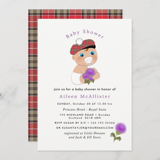 Invitation Tartan écossais |Baby shower de chardon à fleur (Devant / Derrière)