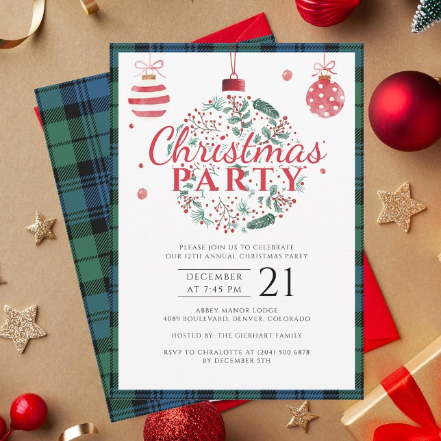 Invitation Tartan festif de Noël Rustique Plaid (Rustic Tartan Campbell Elegant Christmas Party Invitation with Baubles)