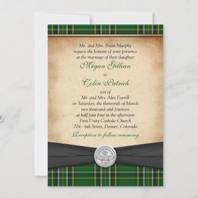 Invitation Tartan irlandais Celtic Claddagh Lucky en Mariage  (Devant)