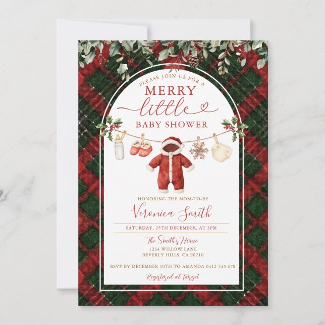 Invitation Tartan Santa Clothesline Merry Little Baby Shower (Devant)