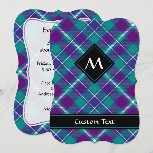 Invitation Tartan vert de mer, violet et bleu (Devant / Derrière)