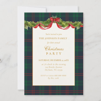 Invitation Tartan Vert Plaid avec Guirlande Fête de Noël