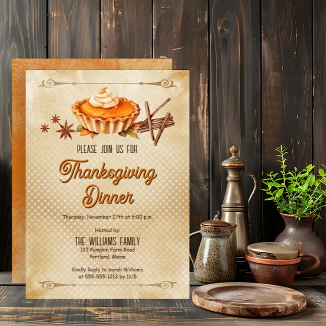 Invitation Tarte à la citrouille rustique de campagne Dîner d (Country Rustic Pumpkin Pie Thanksgiving Dinner Invitation - Print | Digital Download)
