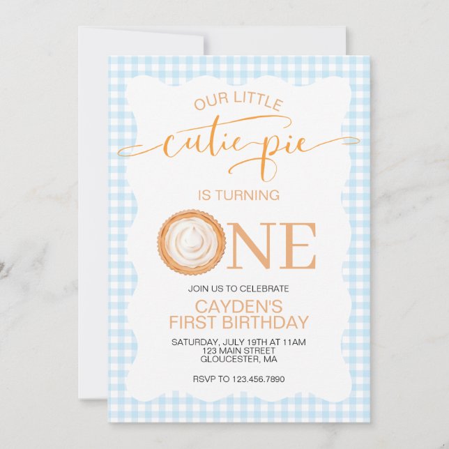Invitation Tarte au potiron Cutie Pie carreau bleu Premier An (Devant)