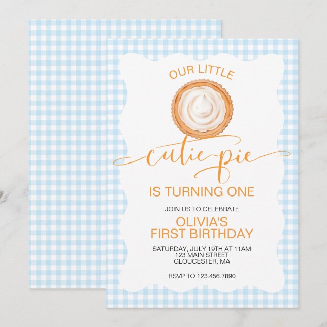 Invitation Tarte au potiron Cutie Pie carreau bleu Premier An (Devant / Derrière)