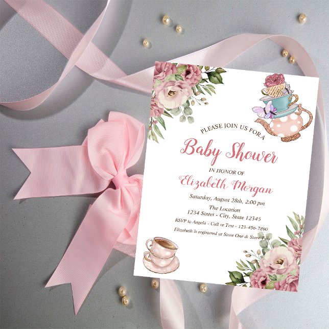 Invitation Tasse à thé chic à thé Baby shower floral (Créateur téléchargé)