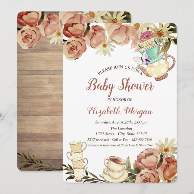 Invitation Tasse à thé chic à thé Fleurs Baby shower en bois (Devant / Derrière)