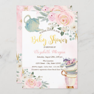 Invitation Tasse à thé chic Teapot Baby shower de fleurs rose