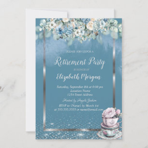 Invitation Tasse à thé Fleurs Bleu Poussiéreux