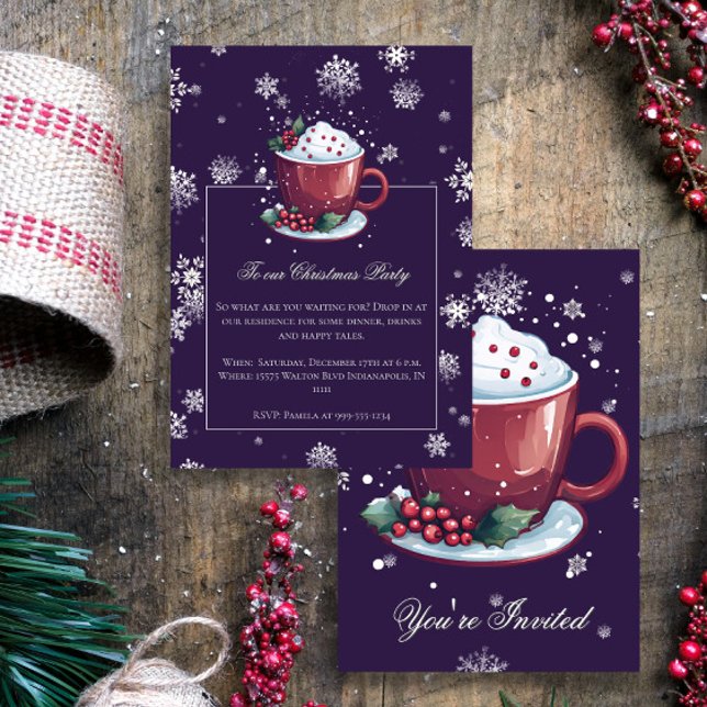 Invitation Tasse de chocolat chaud de Noël Party Violet (Purple Christmas Cup of Hot Chocolate Party Invitation)