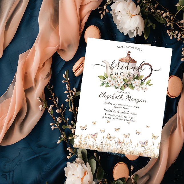 Invitation Tasse de thé à l'aquarelle Papillons de pré  (Créateur téléchargé)