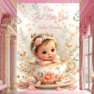 Invitation Tasse de thé bébé fille rose pêche mignonne douce
