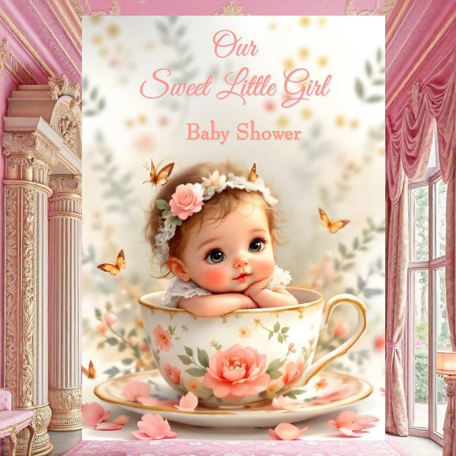 Invitation Tasse de thé bébé fille rose pêche mignonne douce (Créateur téléchargé)