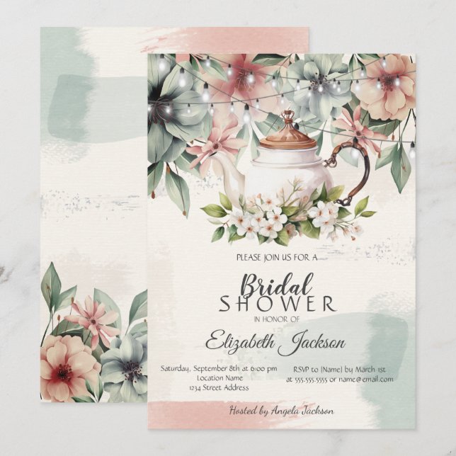 Invitation Tasse de thé floraleBrosse Coup de mariage (Devant / Derrière)