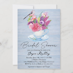 Invitation Tasse Fleur Sauvage Bois Bleu Poussiéreux Mariage