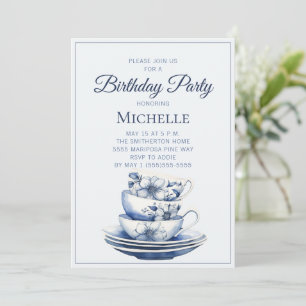 Invitation Tasses à thé florales bleues pour anniversaire de