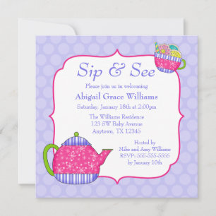 Invitation Tasses de thé à la fleur Polka violet butiner et v