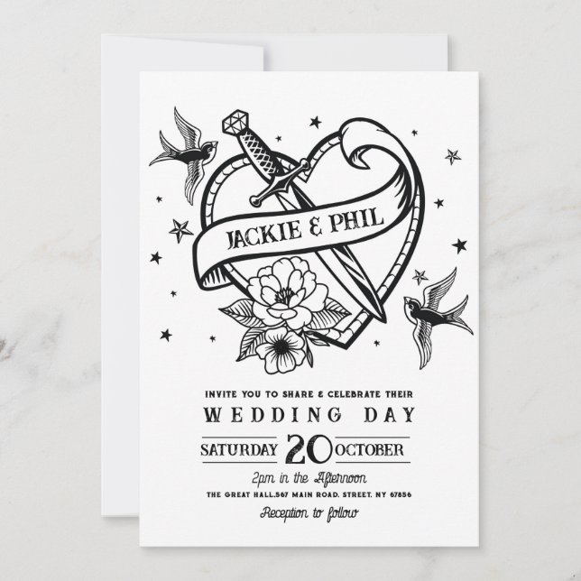 Invitation Tatouage mariage Traditionnel Rocher Doses Coeurs (Devant)