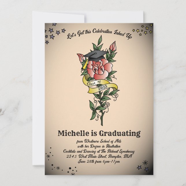 Invitation Tattoo Graduation Party Vintage Retro Rose (Devant)