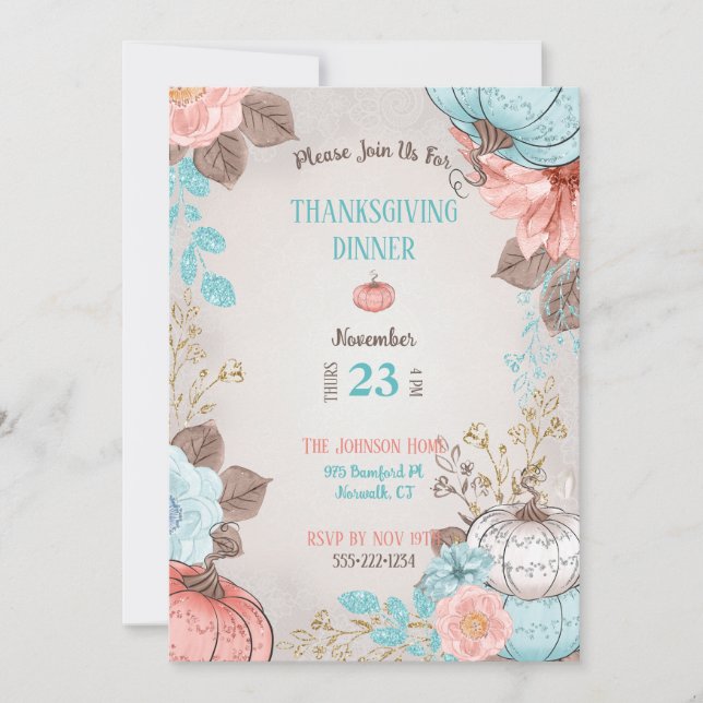 Invitation Taupe Aqua Corail Citrouille Dinde (Devant)