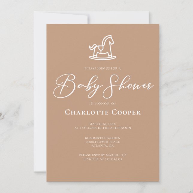 Invitation Taupe Baby shower de typographie blanche Cheval Ro (Devant)
