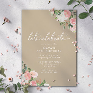Invitation Taupe Beige & Rose   Anniversaire floral moderne