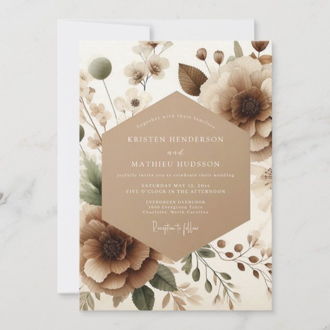 Invitation Taupe Bloom Romance Wedding (Devant)